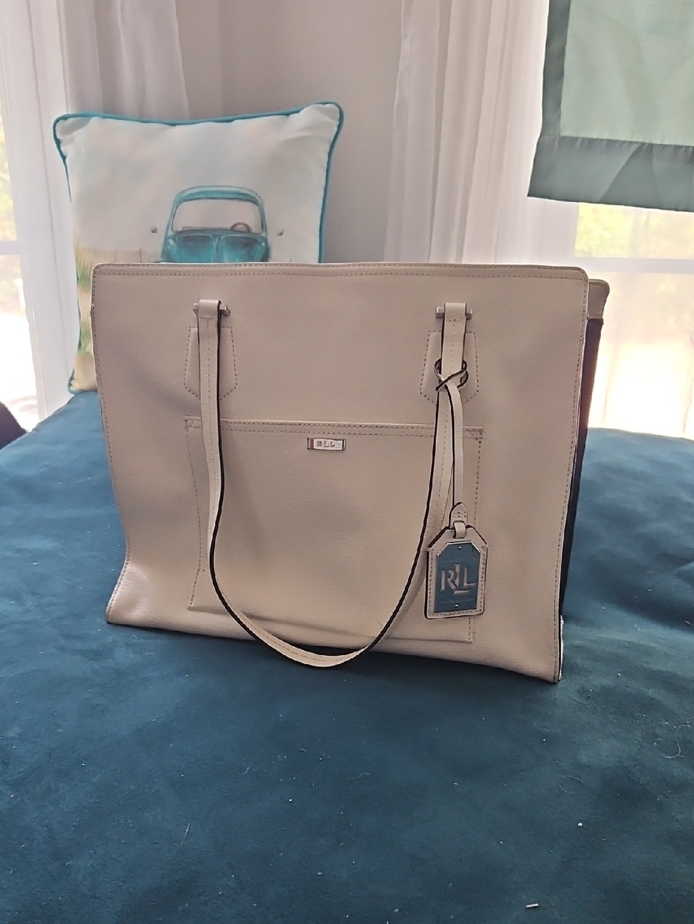 Ralph Lauren Neutral Off White Leather Tote Silver RL Charm Large HandBag Purse